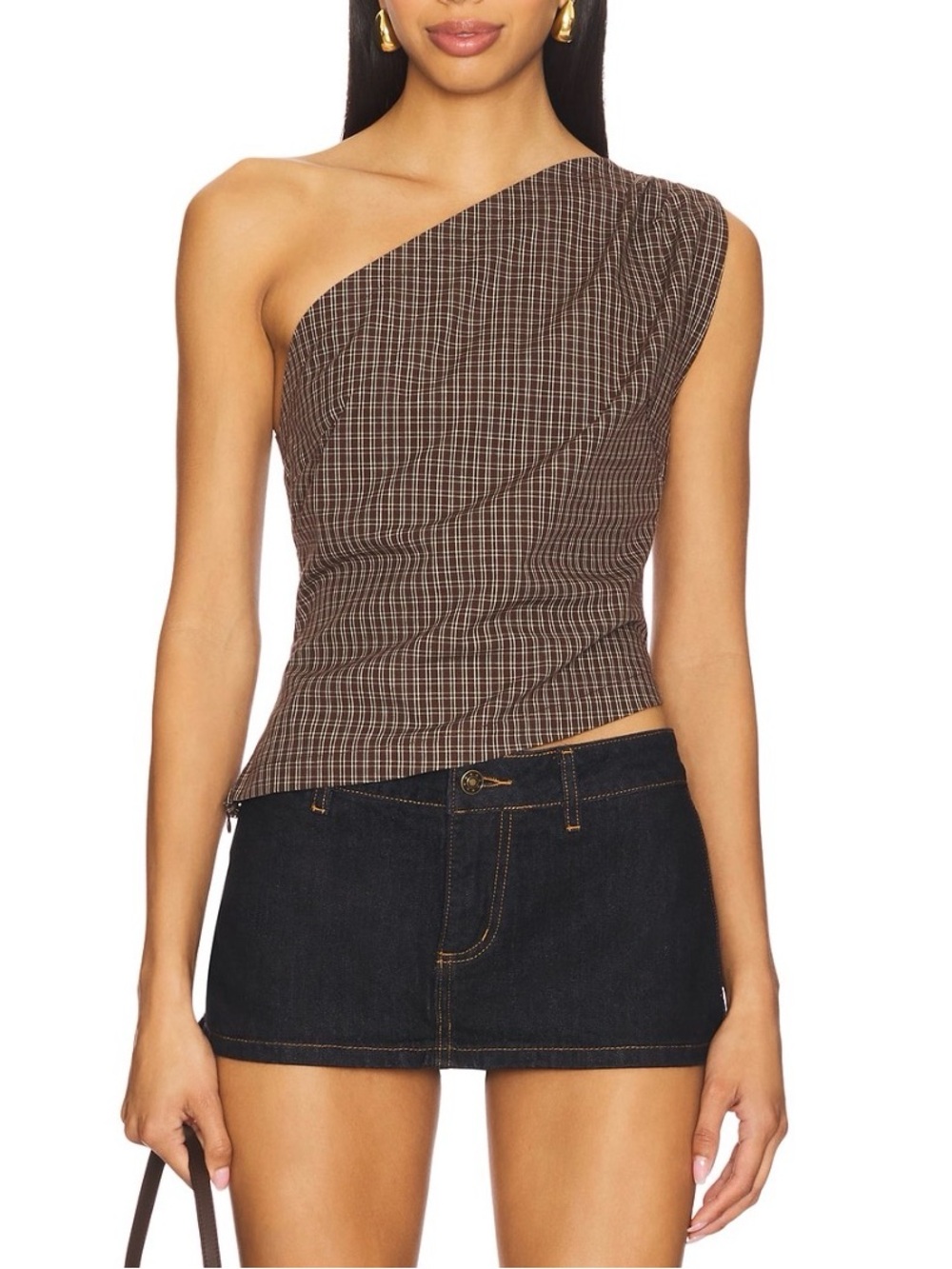 With Jean One-Shoulder Check Camisole - Brown